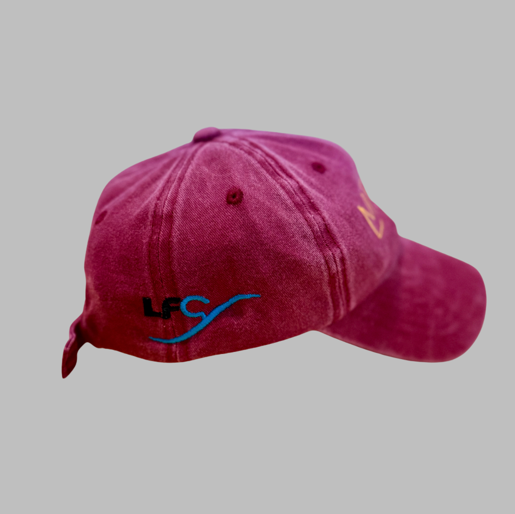 Maroon cap with a logo on a gray background