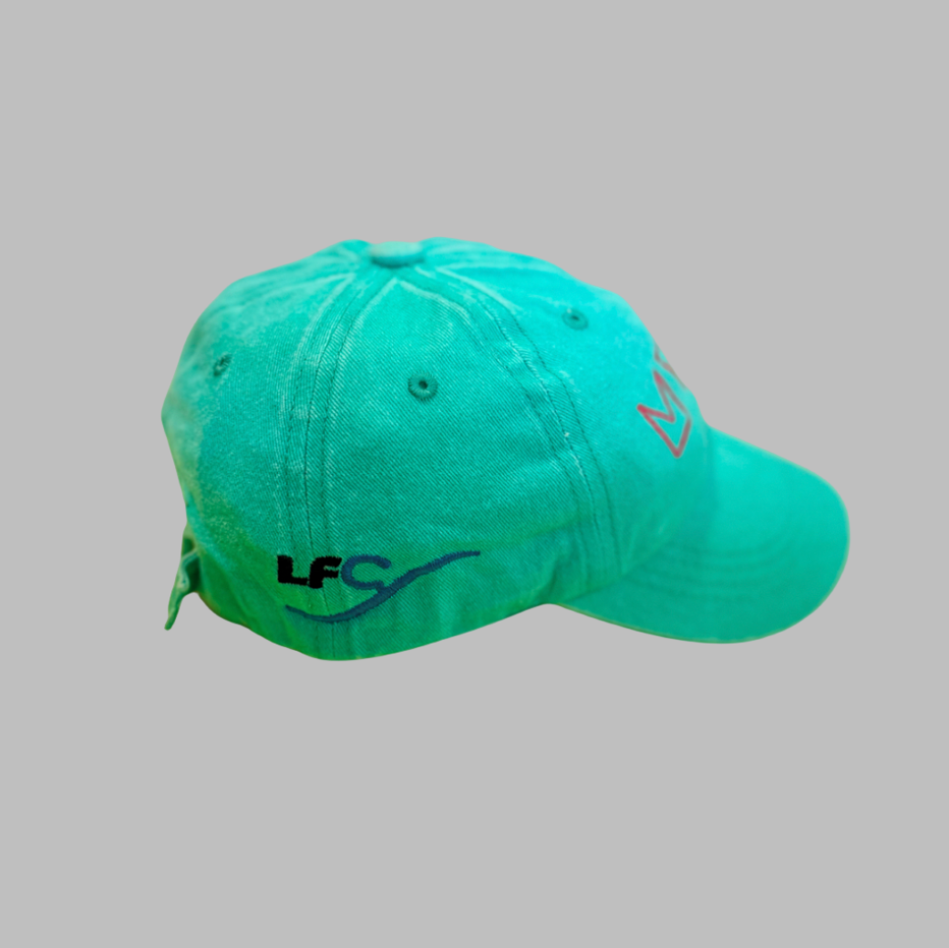 Teal cap with a logo on a gray background