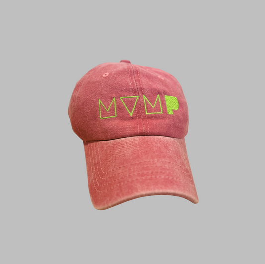 Pink cap with green logo on a gray background